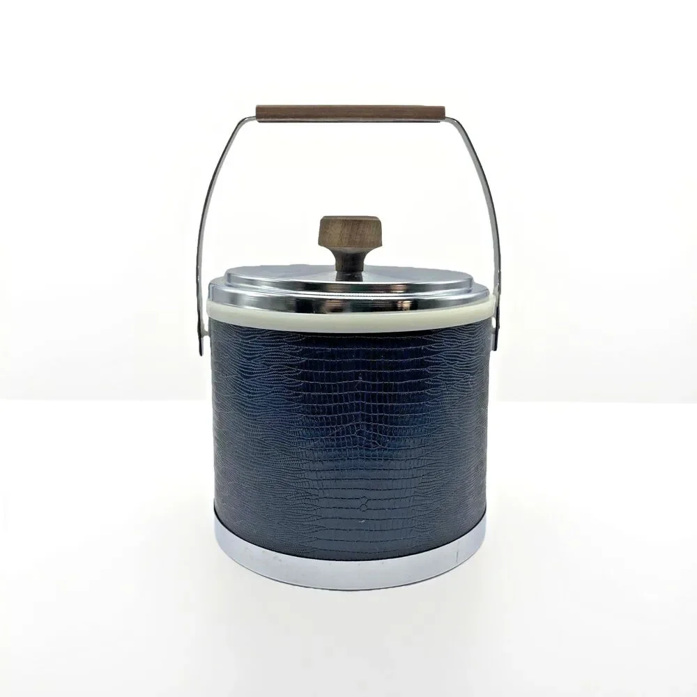 VTG Kromex Black Faux Crocodile Embossed Ice Bucket Silver Tone Handle Lid USA